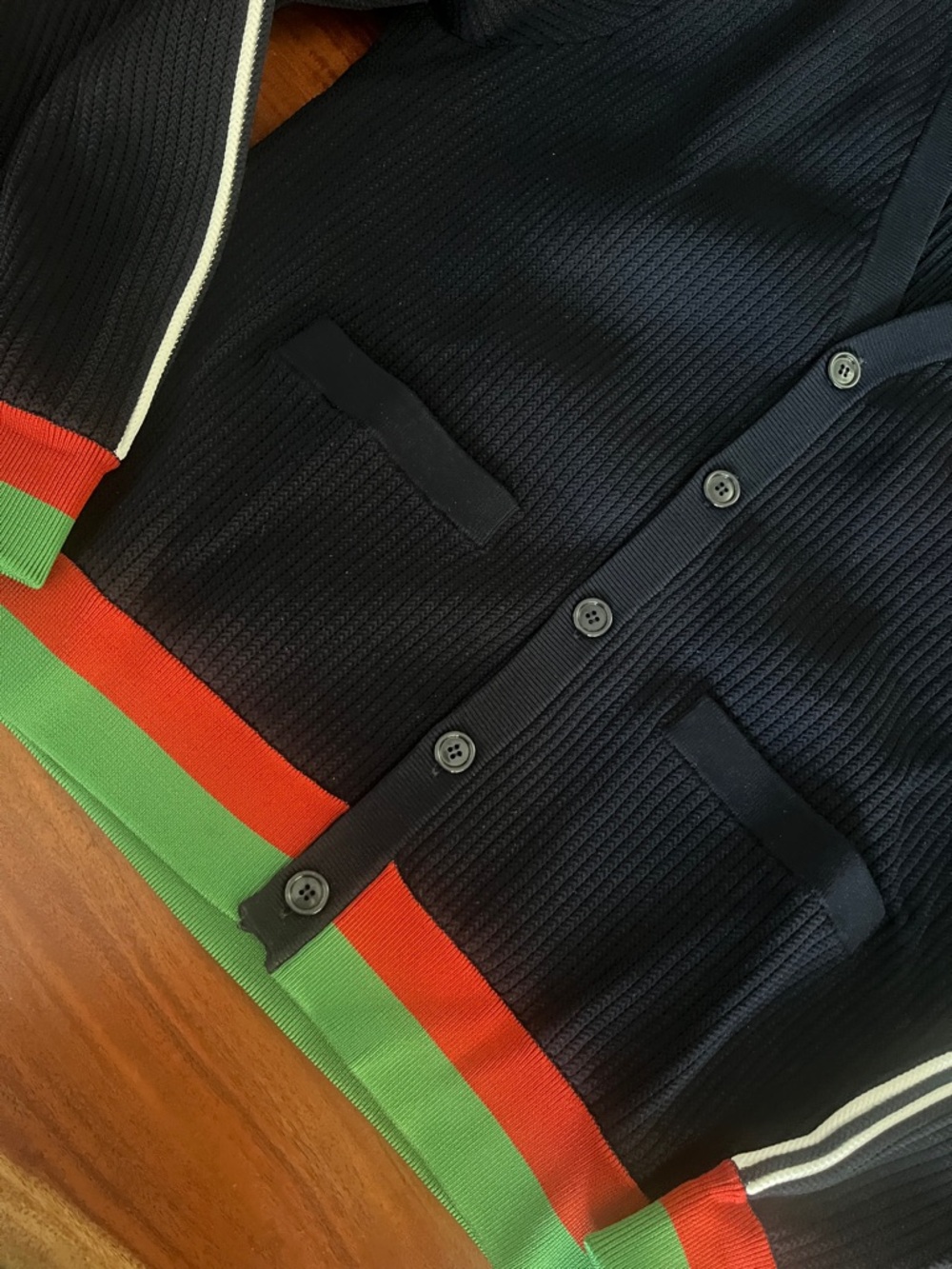 Gucci x Adidas Navy Cardigan with Red & Green Hem and White Shoulder Stripes - Picture 6 of 11